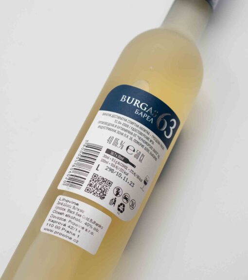 zadná etiketa bulharskej rakije Burgas 63 Barrel Aged
