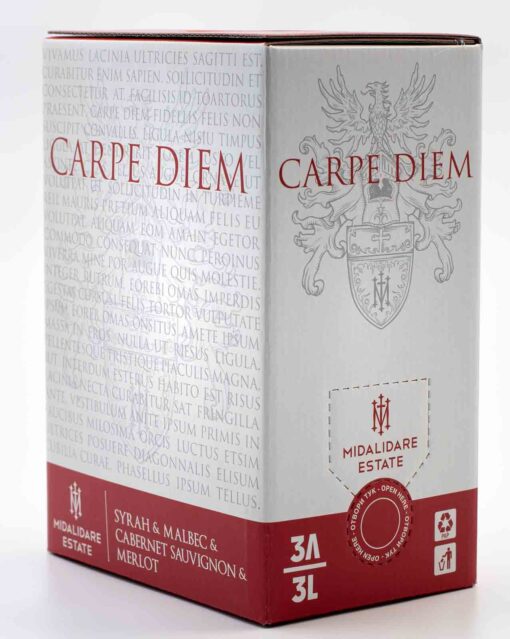 Midalidare Carpe Diem Red 3l Bag in Box – balenie bulharského červeného vína na bielom pozadí