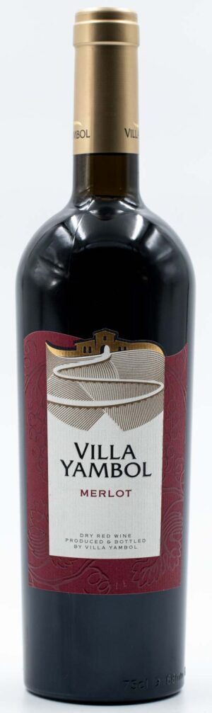 Fľaša bulharského červeného vína Villa Yambol Merlot s elegantnou etiketou.